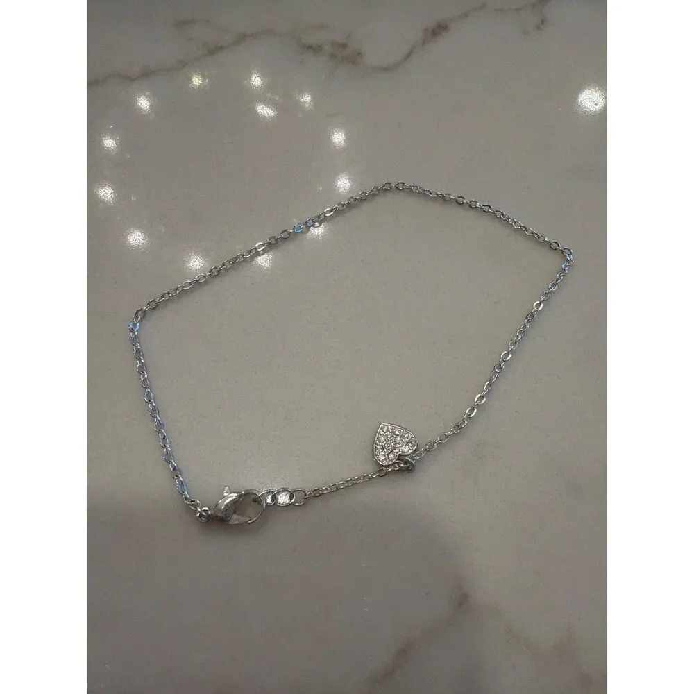 Silver Pavé Heart Charm Anklet 9.5